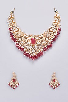 Gold Finish Kundan Polki & Red Beaded Necklace Set