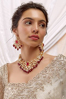 Gold Finish Kundan Polki & Red Beaded Necklace Set