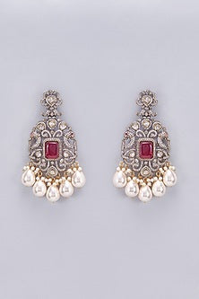 Two Tone Finish Kundan Polki & Red Stone Dangler Earrings