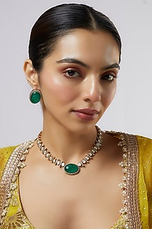 Gold Finish Kundan Polki & Green Stone Necklace Set