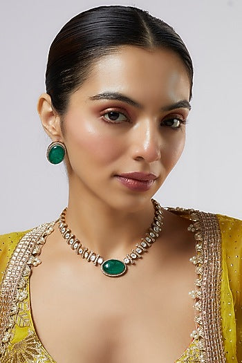 Gold Finish Kundan Polki & Green Stone Necklace Set