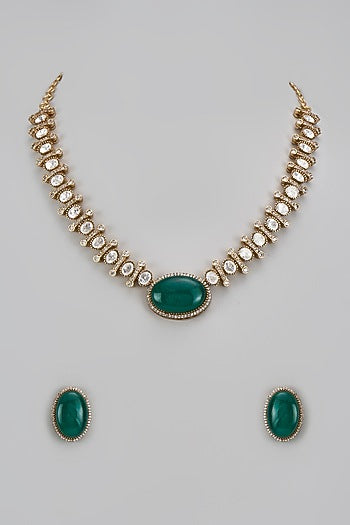 Gold Finish Kundan Polki & Green Stone Necklace Set