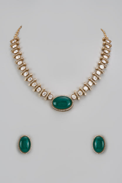Gold Finish Kundan Polki & Green Stone Necklace Set