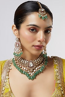 Gold Finish Kundan Polki & Green Stone Necklace Set
