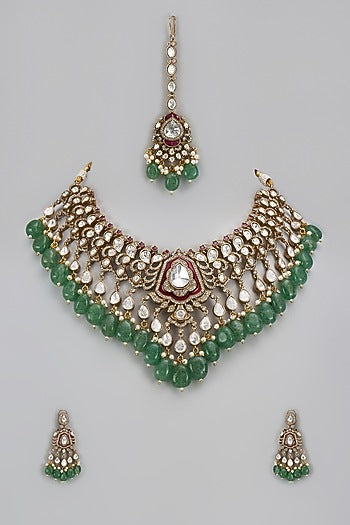 Gold Finish Kundan Polki & Green Stone Necklace Set