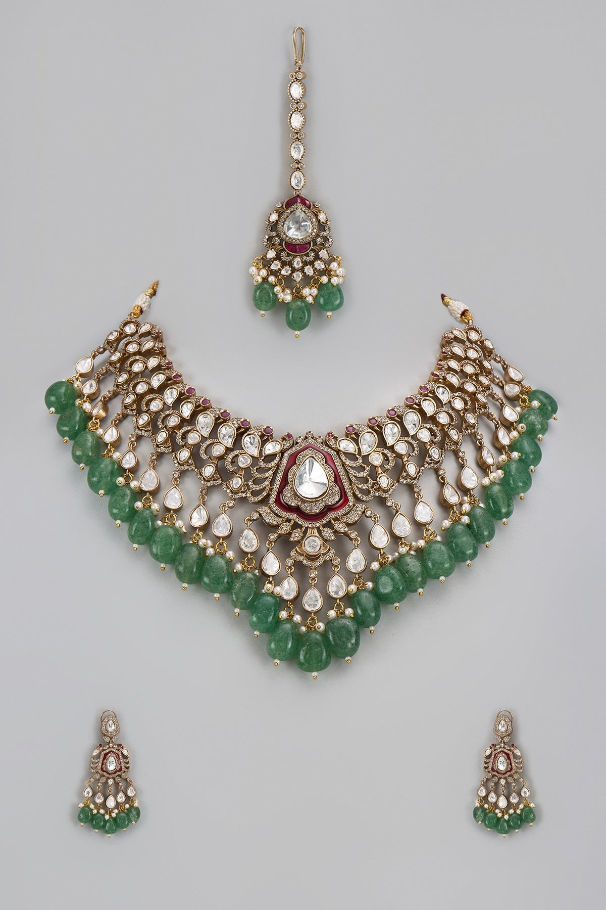 Gold Finish Kundan Polki & Green Stone Necklace Set
