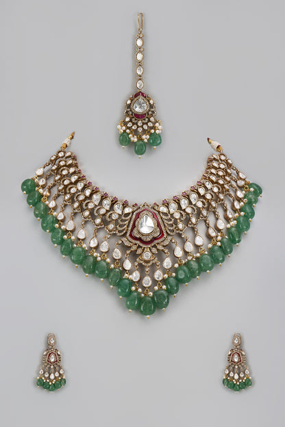 Gold Finish Kundan Polki & Green Stone Necklace Set