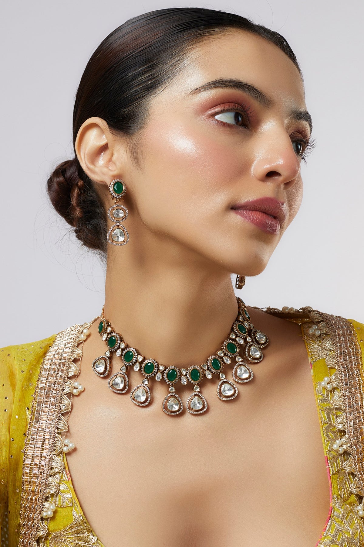 Gold Finish Kundan Polki & Green Stone Necklace Set