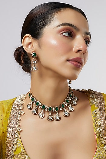 Gold Finish Kundan Polki & Green Stone Necklace Set