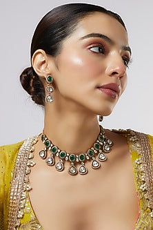 Gold Finish Kundan Polki & Green Stone Necklace Set