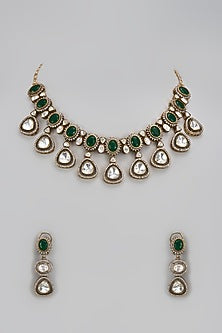 Gold Finish Kundan Polki & Green Stone Necklace Set