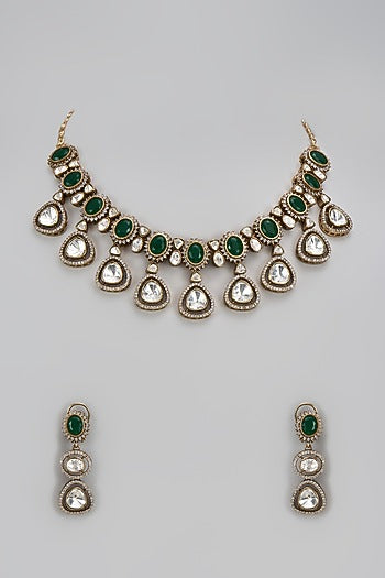 Gold Finish Kundan Polki & Green Stone Necklace Set