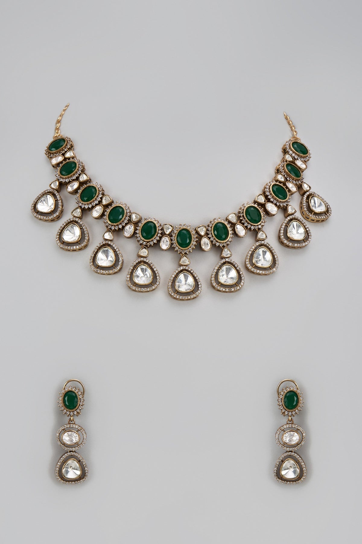 Gold Finish Kundan Polki & Green Stone Necklace Set