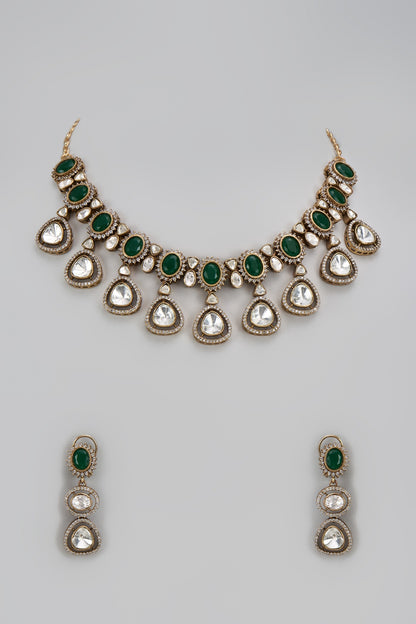 Gold Finish Kundan Polki & Green Stone Necklace Set