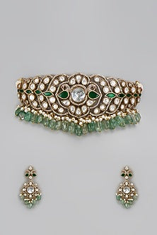 Gold Finish Kundan Polki & Green Stone Choker Necklace Set