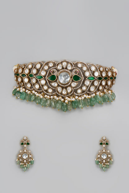 Gold Finish Kundan Polki & Green Stone Choker Necklace Set
