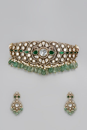 Gold Finish Kundan Polki & Green Stone Choker Necklace Set