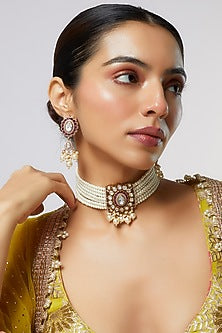 Gold Finish Kundan Polki & Red Stone Choker Necklace Set