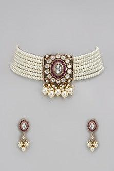 Gold Finish Kundan Polki & Red Stone Choker Necklace Set