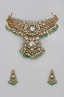 Gold Finish Kundan Polki & Green Stone Choker Necklace Set