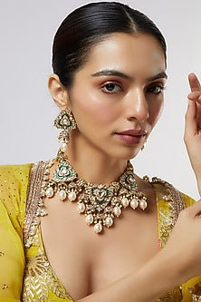 Gold Finish Kundan Polki & Green Stone Long Necklace Set