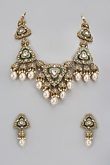 Gold Finish Kundan Polki & Green Stone Long Necklace Set