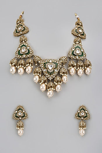 Gold Finish Kundan Polki & Green Stone Long Necklace Set