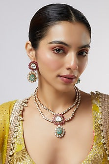 Gold Finish Kundan Polki & Multi-Colored Stone Long Necklace Set