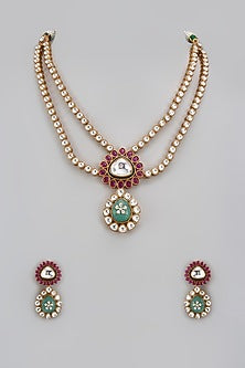 Gold Finish Kundan Polki & Multi-Colored Stone Long Necklace Set