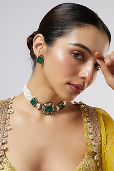 Gold Finish Kundan Polki & Green Stone Choker Necklace Set