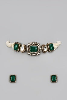 Gold Finish Kundan Polki & Green Stone Choker Necklace Set