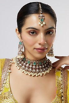 Two-Tone Finish Kundan Polki & Green Stone Choker Necklace Set