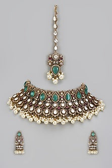 Two-Tone Finish Kundan Polki & Green Stone Choker Necklace Set