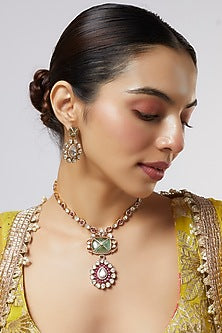 Gold Finish Kundan Polki & Multi-Colored Stone Long Necklace Set