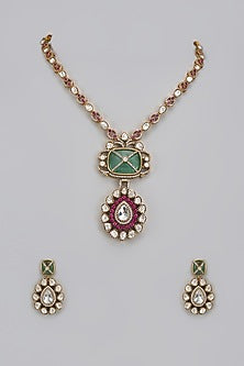 Gold Finish Kundan Polki & Multi-Colored Stone Long Necklace Set