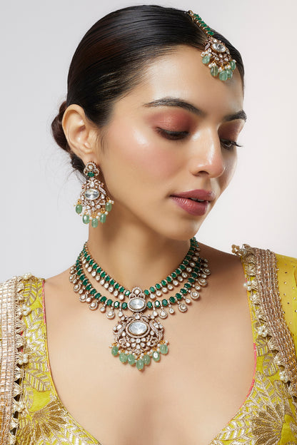 Gold Finish Kundan Polki Long Necklace Set