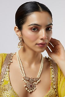 Gold Finish Kundan Polki Long Necklace Set