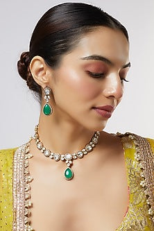 Gold Finish Kundan Polki & Emerald Green Stone Necklace Set
