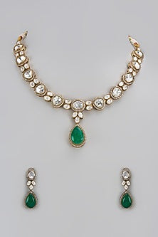 Gold Finish Kundan Polki & Emerald Green Stone Necklace Set