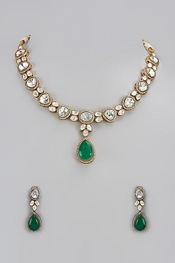 Gold Finish Kundan Polki & Emerald Green Stone Necklace Set