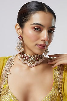 Gold Finish Kundan Polki & Red Stone Choker Necklace Set
