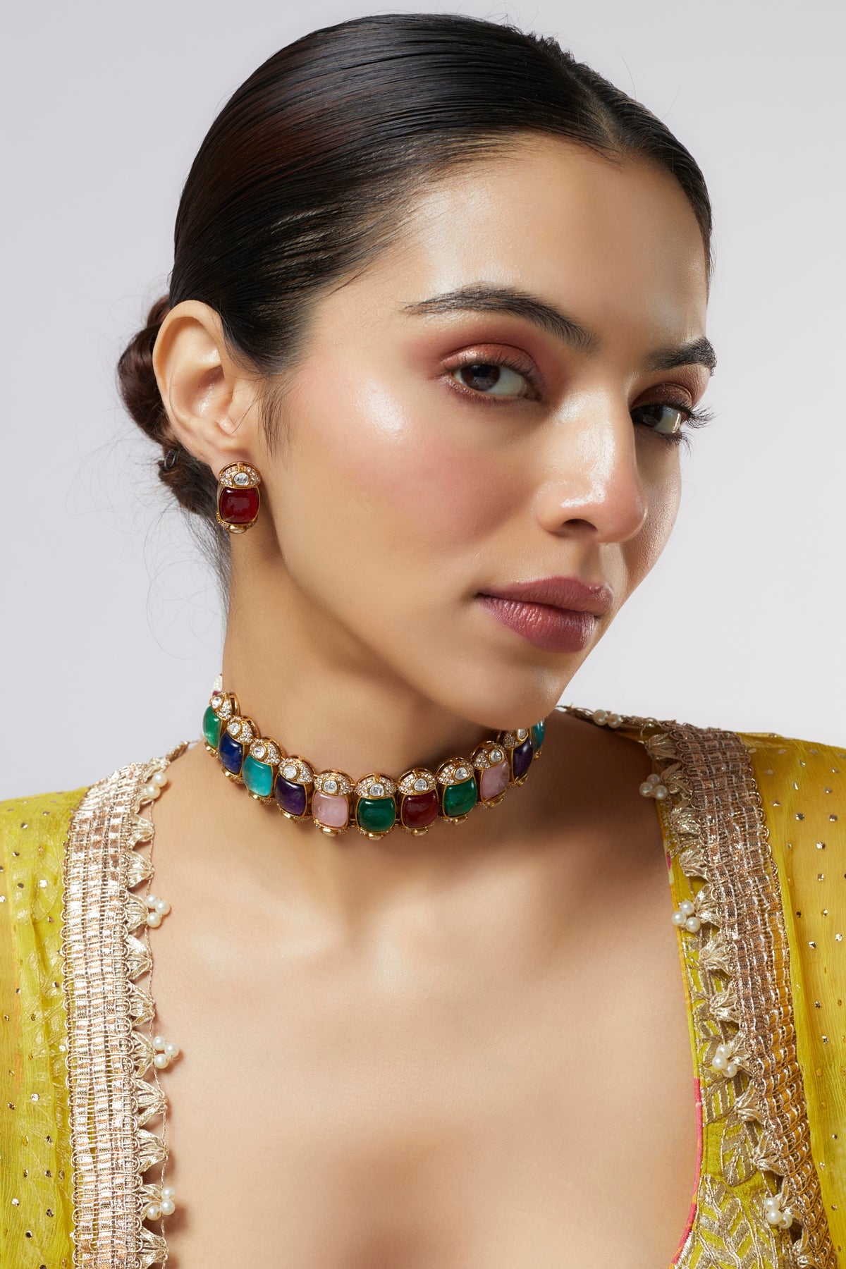 Gold Finish Kundan Polki & Multi-Colored Stone Choker Necklace Set