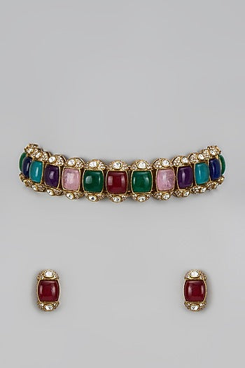 Gold Finish Kundan Polki & Multi-Colored Stone Choker Necklace Set