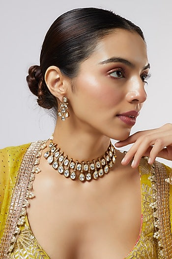 Gold Finish Kundan Polki & Green Stone Necklace Set