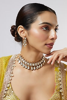 Gold Finish Kundan Polki & Green Stone Necklace Set