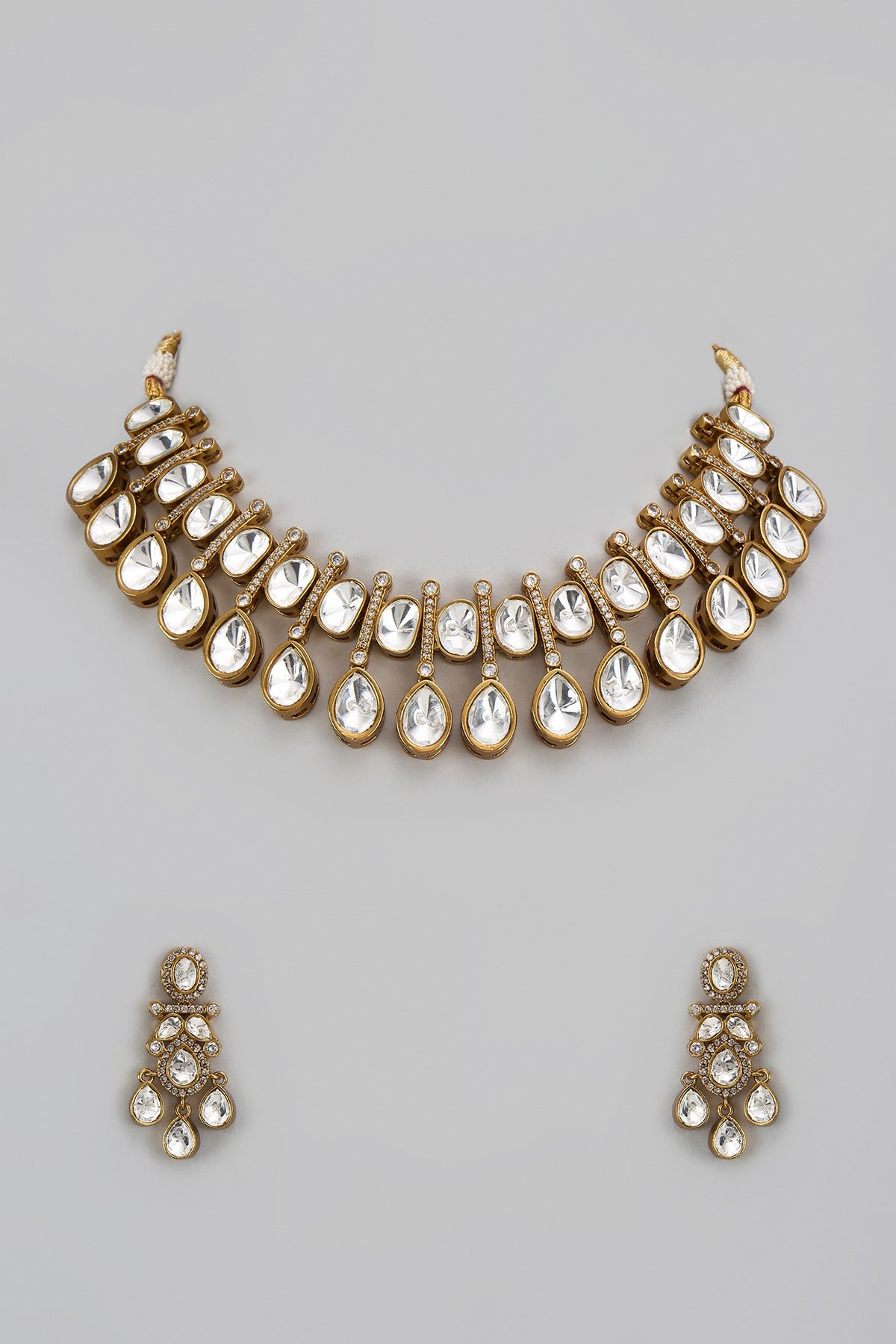 Gold Finish Kundan Polki & Green Stone Necklace Set