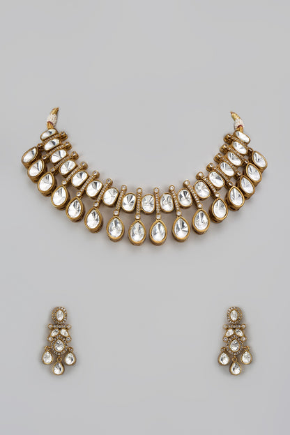 Gold Finish Kundan Polki & Green Stone Necklace Set