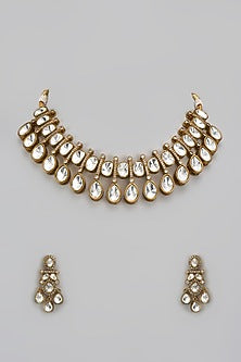 Gold Finish Kundan Polki & Green Stone Necklace Set