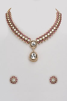 Gold Finish Kundan Polki & Red Stone Long Necklace Set