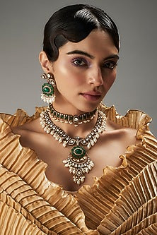 Gold Finish Kundan Polki & Green Stone Long Necklace Set